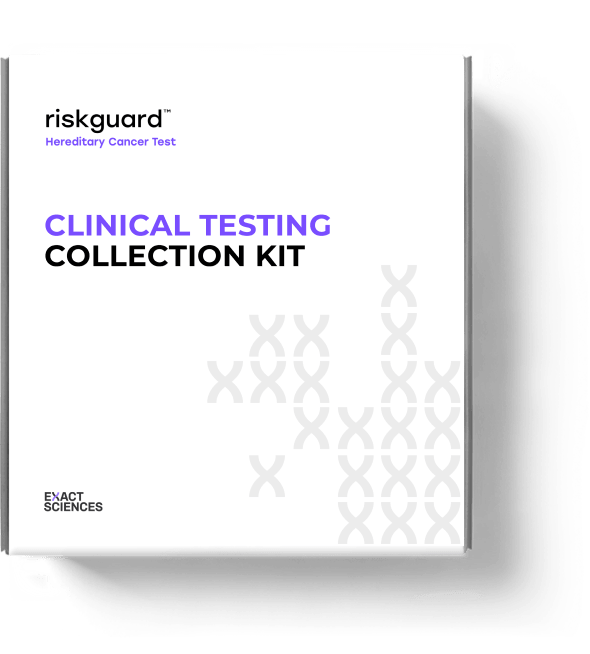 Clinical testing collection kit box with the Riskguard(TM) Hereditary Cancer Test and Exact Sciences logos on the cover.